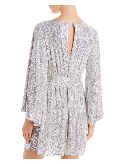 JAY GODFREY Womens Silver Sequined Belted Back Button Keyhole Bell Sleeve Round Neck Short Party Shift Dress 6