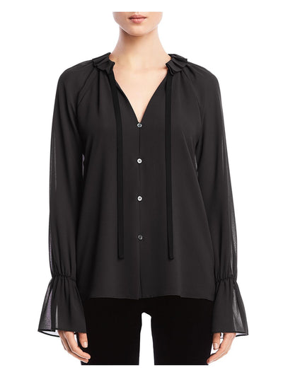 BAILEY44 Womens Black Sheer Tie Neck Ruffles Button Fron Blouson Sleeve Party Blouse L