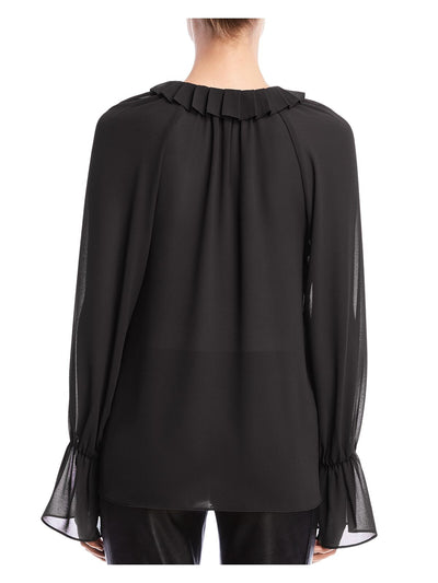 BAILEY44 Womens Black Sheer Tie Neck Ruffles Button Fron Blouson Sleeve Party Blouse L
