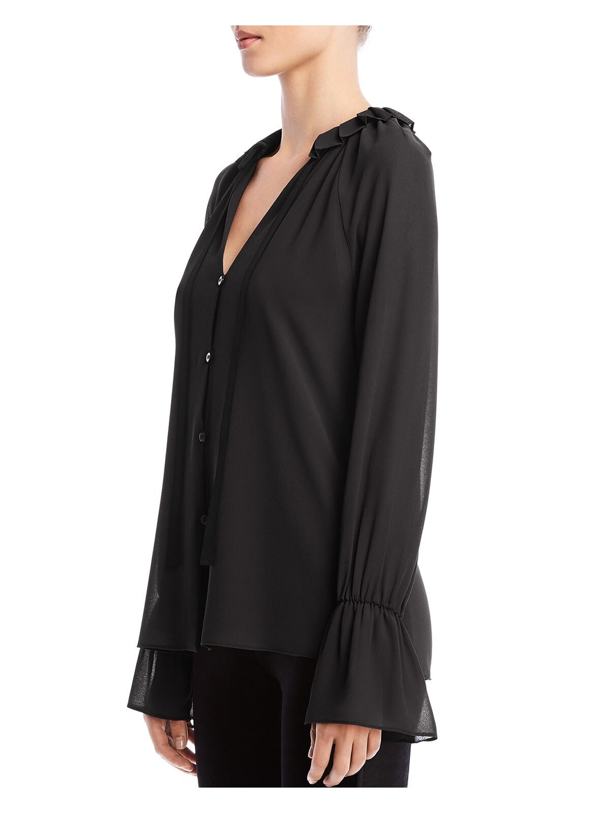 BAILEY44 Womens Black Sheer Tie Neck Ruffles Button Fron Blouson Sleeve Party Blouse L
