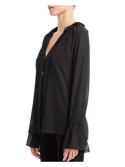 BAILEY44 Womens Black Sheer Tie Neck Ruffles Button Fron Blouson Sleeve Party Blouse L