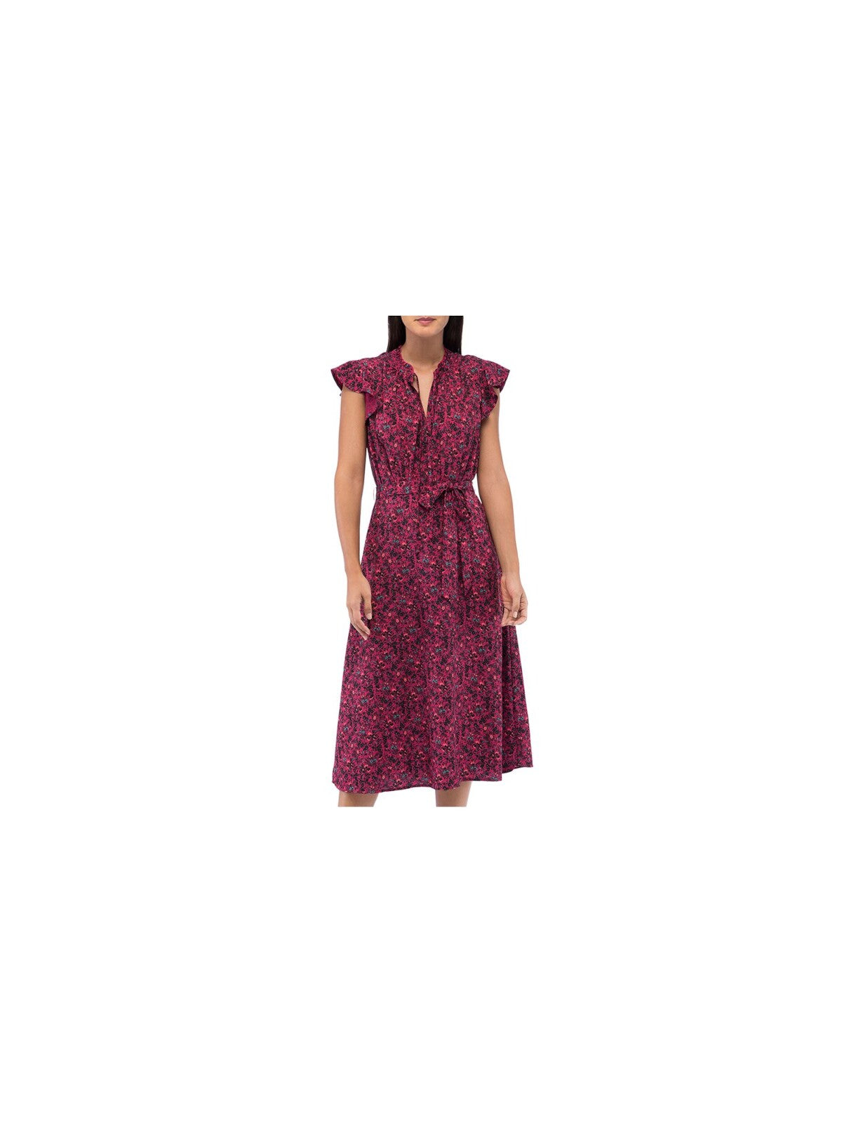 B COLLECTION Womens Pink Ruffled Belted Tie Neck Lined Floral Flutter Sleeve Keyhole Midi Wear To Work Fit + Flare Dress XL