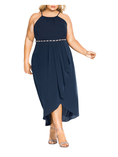CITY CHIC Womens Navy Pleated Zippered Keyhole Back Chain Jeweled Belt Sleeveless Halter Maxi Party Hi-Lo Dress Plus S