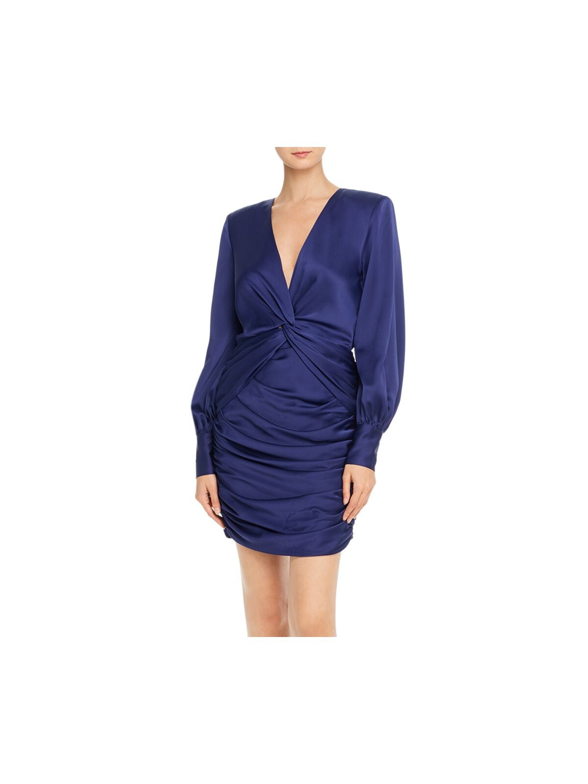JAY GODFREY Womens Navy Zippered Twist Front Shoulder Pads Blouson Sleeve V Neck Short Evening Blouson Dress 4
