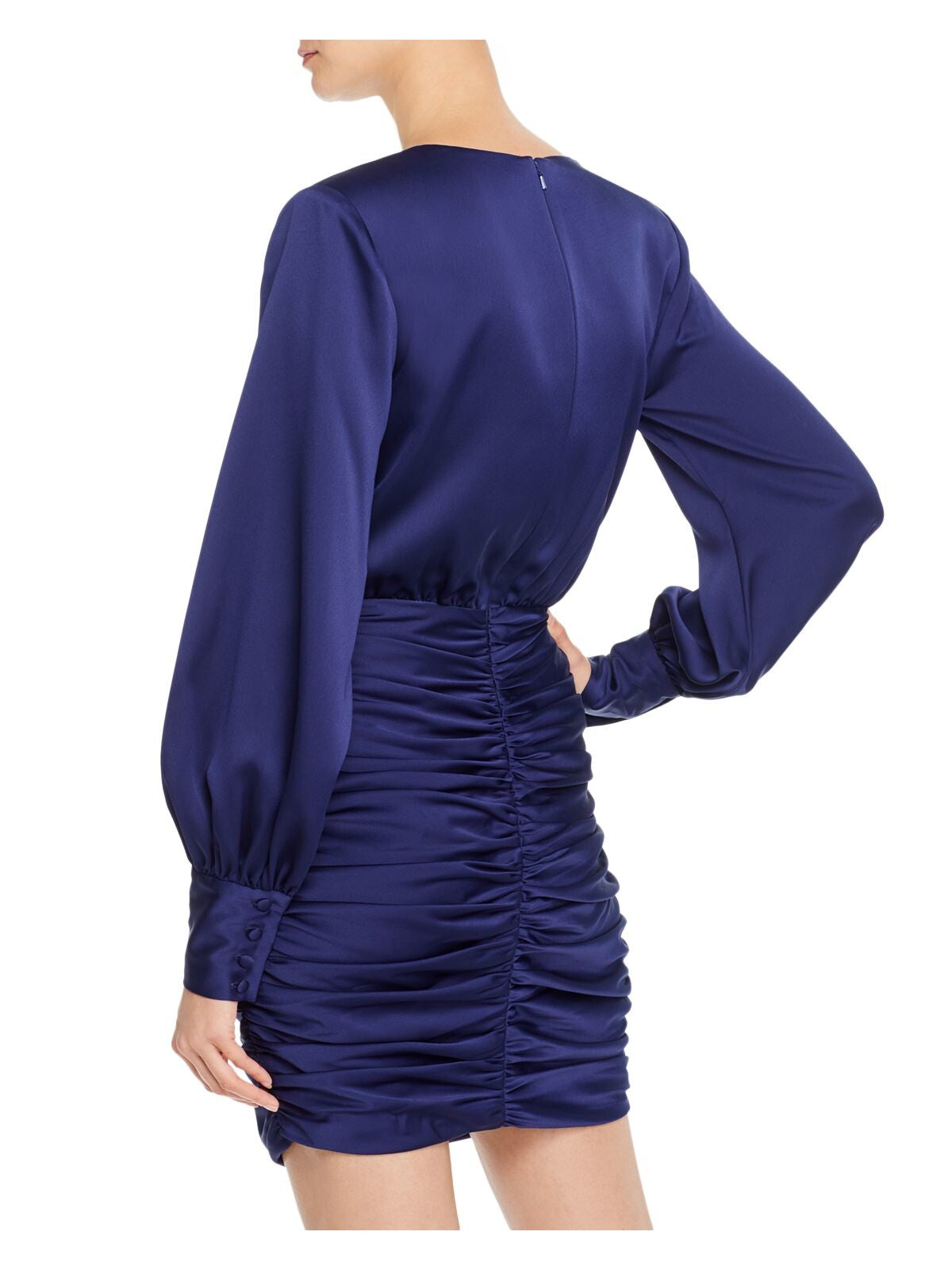 JAY GODFREY Womens Navy Zippered Twist Front Shoulder Pads Blouson Sleeve V Neck Short Evening Blouson Dress 4