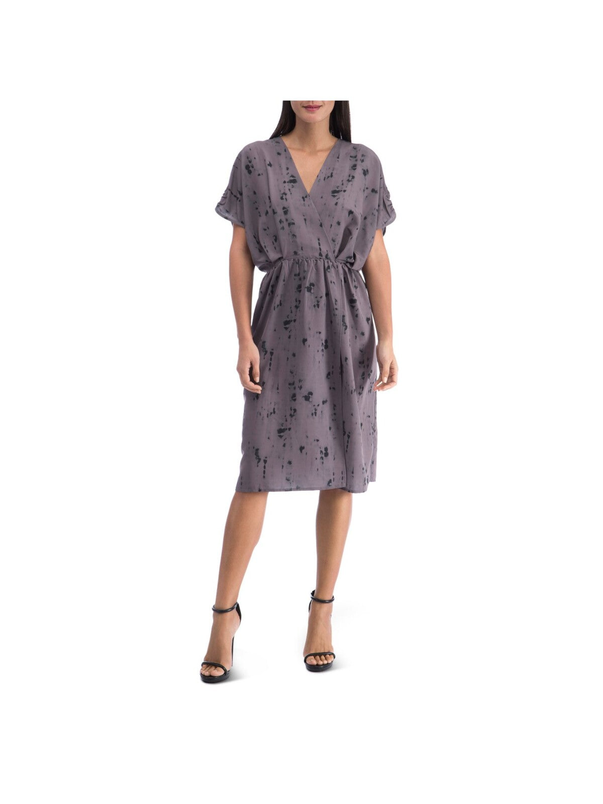 COLLECTION BY BOBEAU Womens Gray Printed Short Sleeve Surplice Neckline Below The Knee Cocktail Faux Wrap Dress S