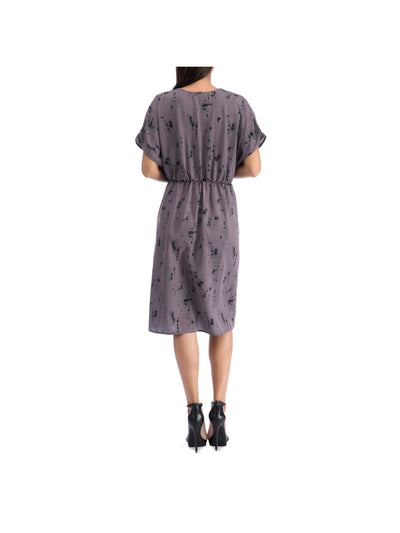 COLLECTION BY BOBEAU Womens Gray Printed Short Sleeve Surplice Neckline Below The Knee Cocktail Faux Wrap Dress S