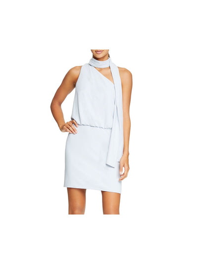 HALSTON Womens Light Blue Zippered Attached Scarf One Shoulder Sleeveless Mock Neck Party Blouson Dress 4