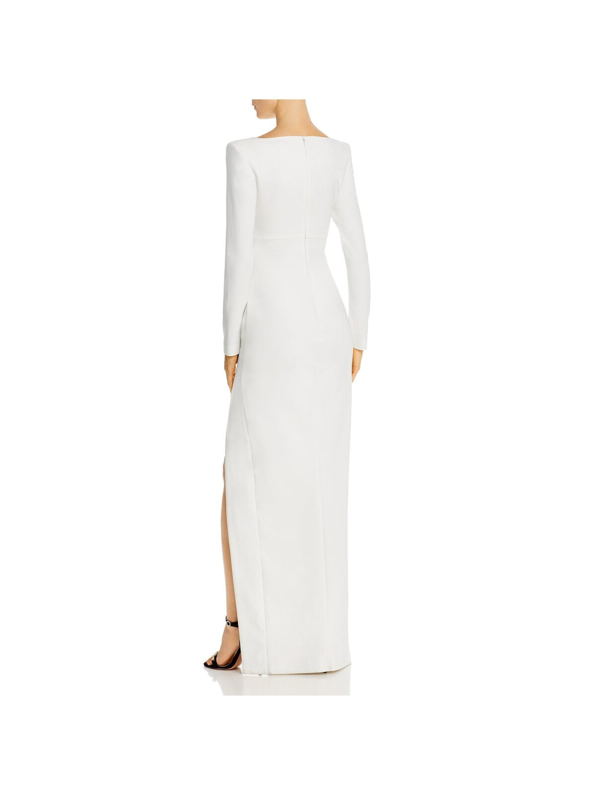 LIKELY Womens White Fitted Zippered Slitted Padded Shoulders Lined Long Sleeve V Neck Full-Length Evening Gown Dress 4