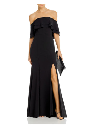 AQUA DRESSES Womens Black Stretch Zippered Slitted Tiered Overlay Flutter Sleeve Off Shoulder Full-Length Formal Gown Dress 0