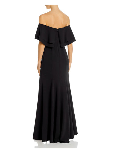 AQUA Womens Stretch Zippered Slitted Tiered Overlay Flutter Sleeve Off Shoulder Full-Length Formal Gown Dress