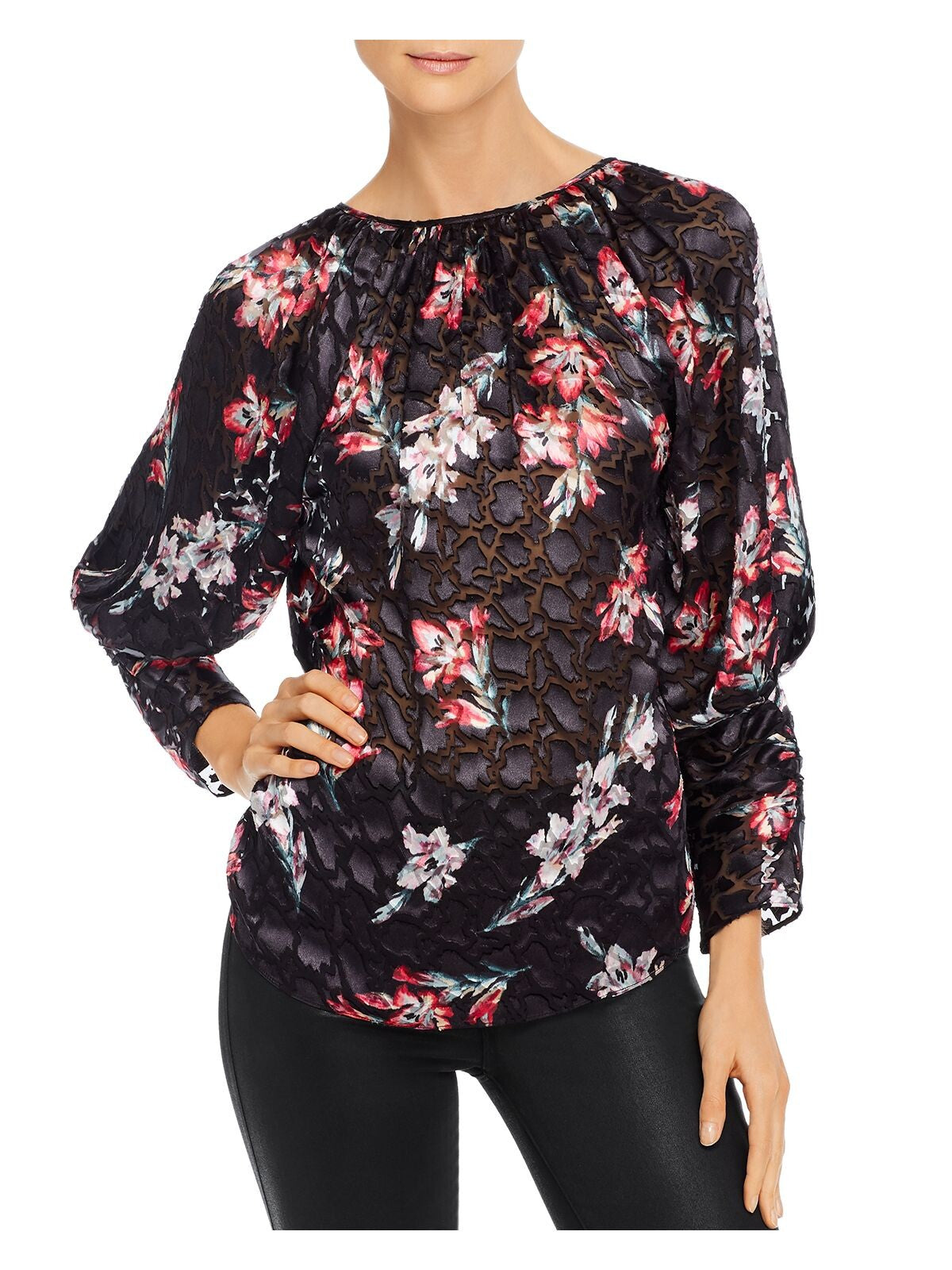 REBECCA TAYLOR Womens Black Sheer Floral Long Sleeve Keyhole Blouse Size: 2