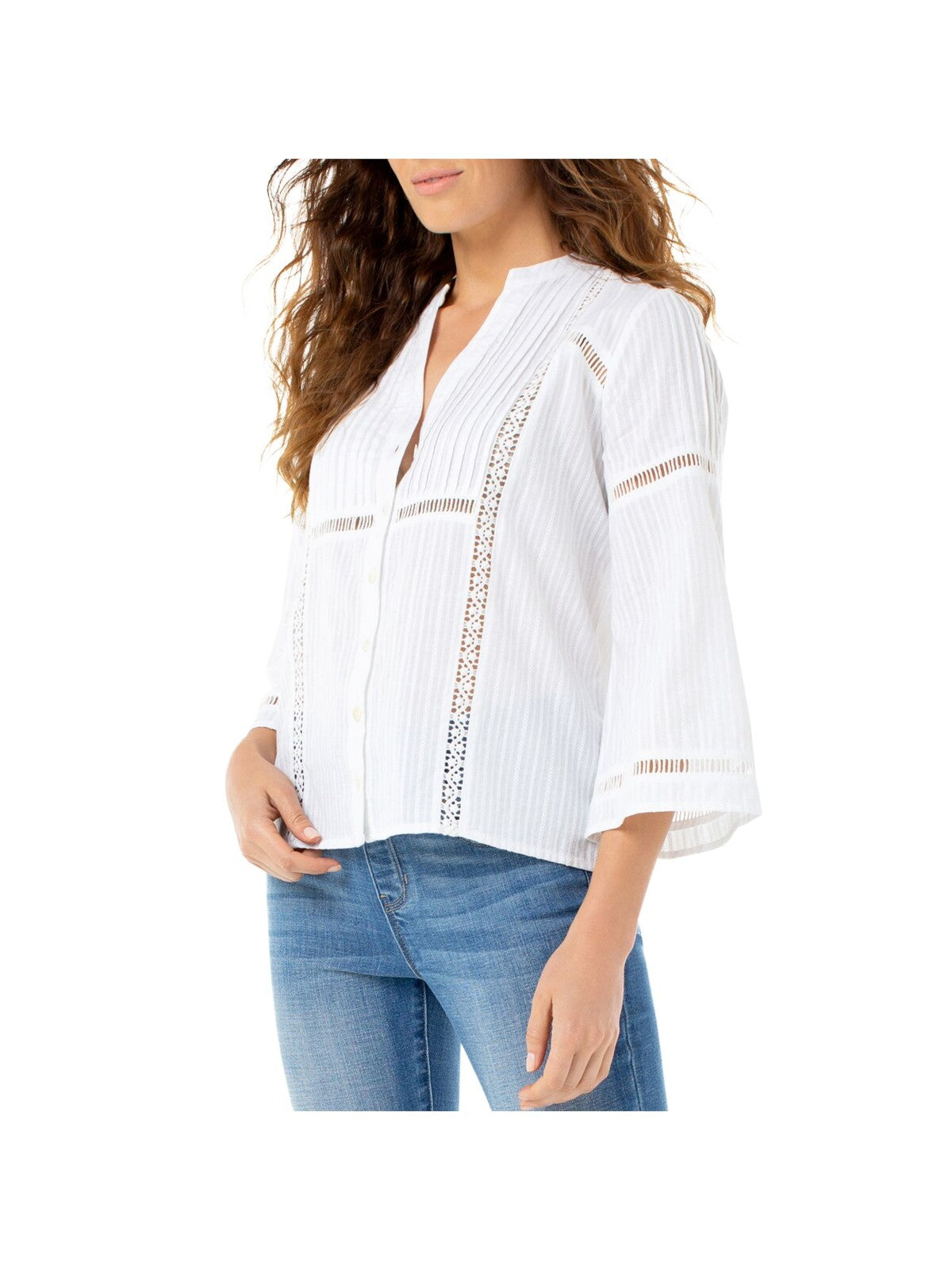 LIVERPOOL Womens White Textured Crochet Inset  Button Pin Tuck Bell Sleeve Button Up Top XS