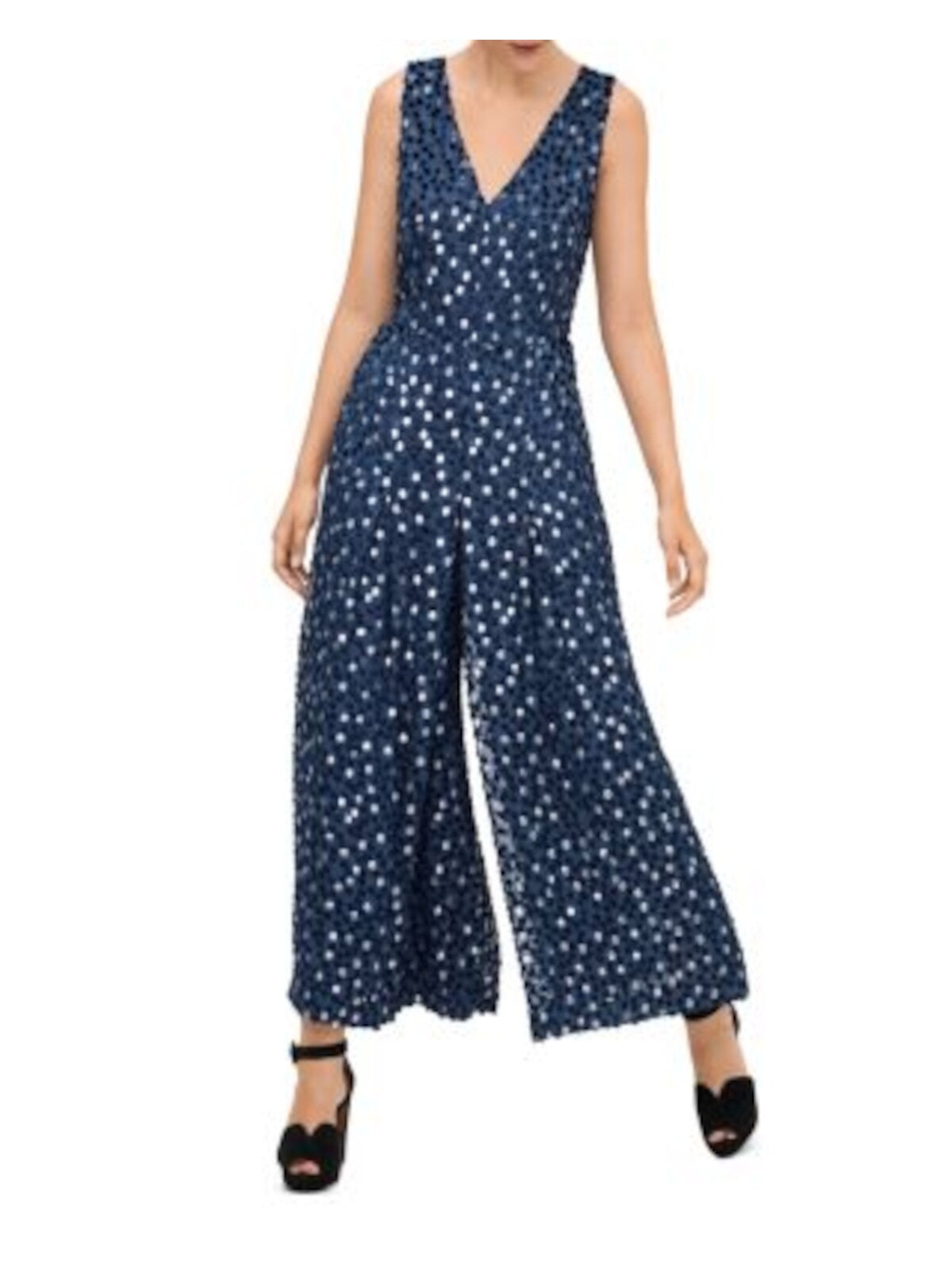 KATE SPADE NEW YORK Womens Navy Metallic Zippered Burnout Velvet Sleeveless V Neck Evening Jumpsuit 4