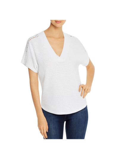 DESIGN HISTORY Womens Stretch Ribbed Crotchet-inset Short Sleeve V Neck Top