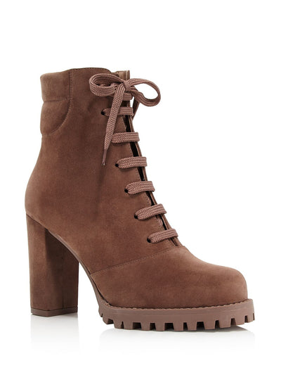 STUART WEITZMAN Womens Taupe Brown Padded Collar 1" Platform Lug Sole Comfort Cyler Round Toe Block Heel Lace-Up Leather Dress Booties 6 M