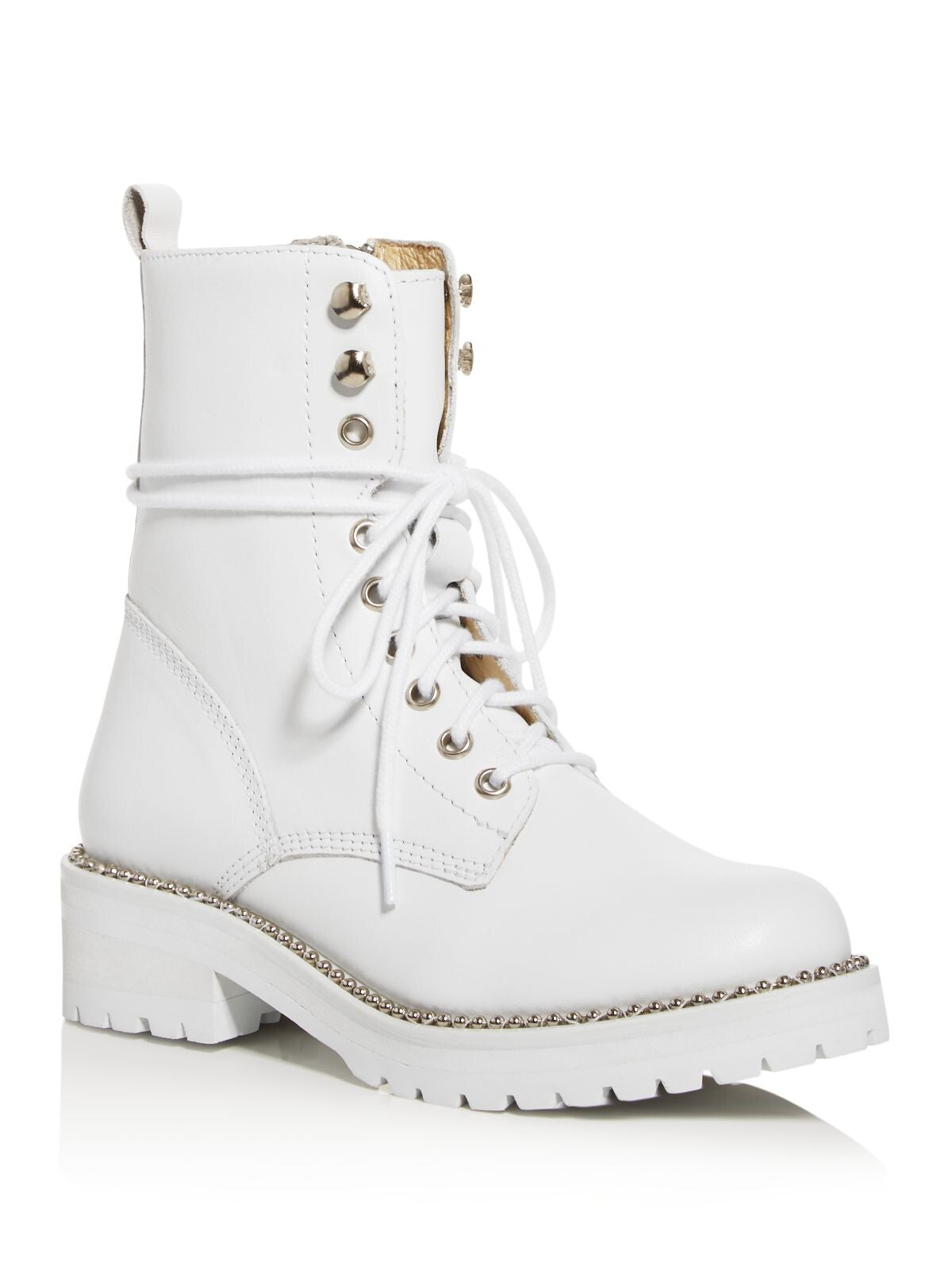 AQUA Womens White Lace-Up 1" Platform Pull Tab Beaded Lug Sole Jax Round Toe Block Heel Zip-Up Leather Combat Boots 6 M