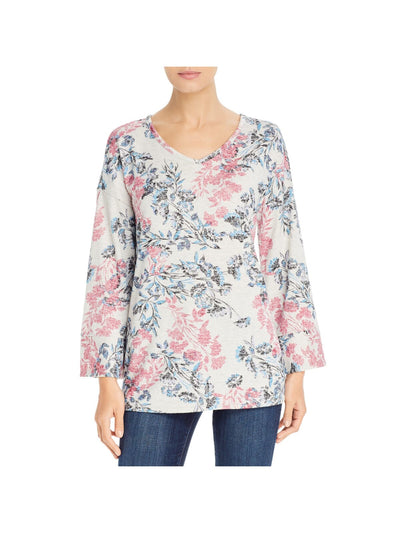 CUPIO BLUSH Womens White Stretch Floral Long Sleeve V Neck Sweater S