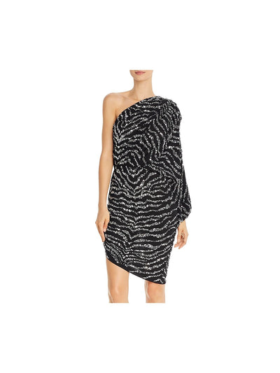 JAY GODFREY Womens Black Sequined Patterned Asymmetrical Neckline Short Evening Body Con Dress 10