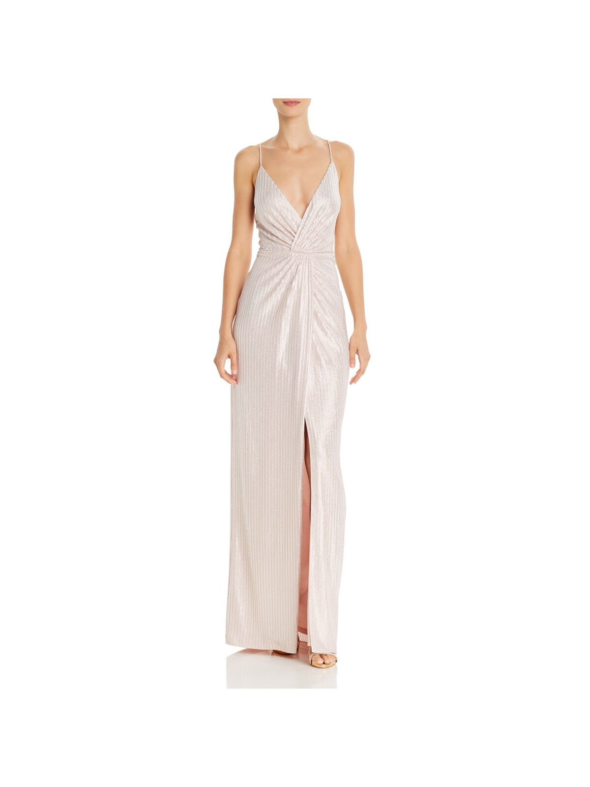 AIDAN AIDAN MATTOX Womens Pink Metallic Zippered Adjustable Straps Pinstripe Spaghetti Strap Surplice Neckline Full-Length Formal Faux Wrap Dress 4