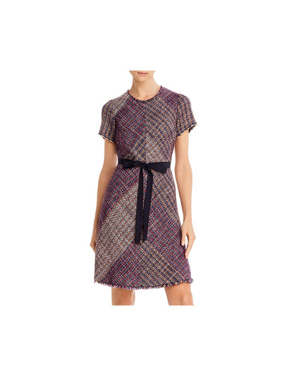 REBECCA TAYLOR Womens Navy Belted Speckle Short Sleeve Jewel Neck Above The Knee Cocktail Sheath Dress 4