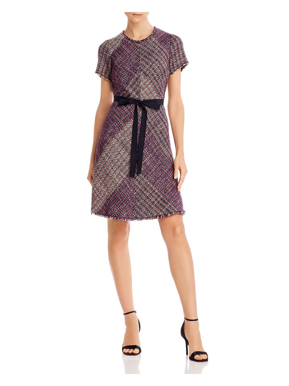 REBECCA TAYLOR Womens Navy Belted Speckle Short Sleeve Jewel Neck Above The Knee Cocktail Sheath Dress 4