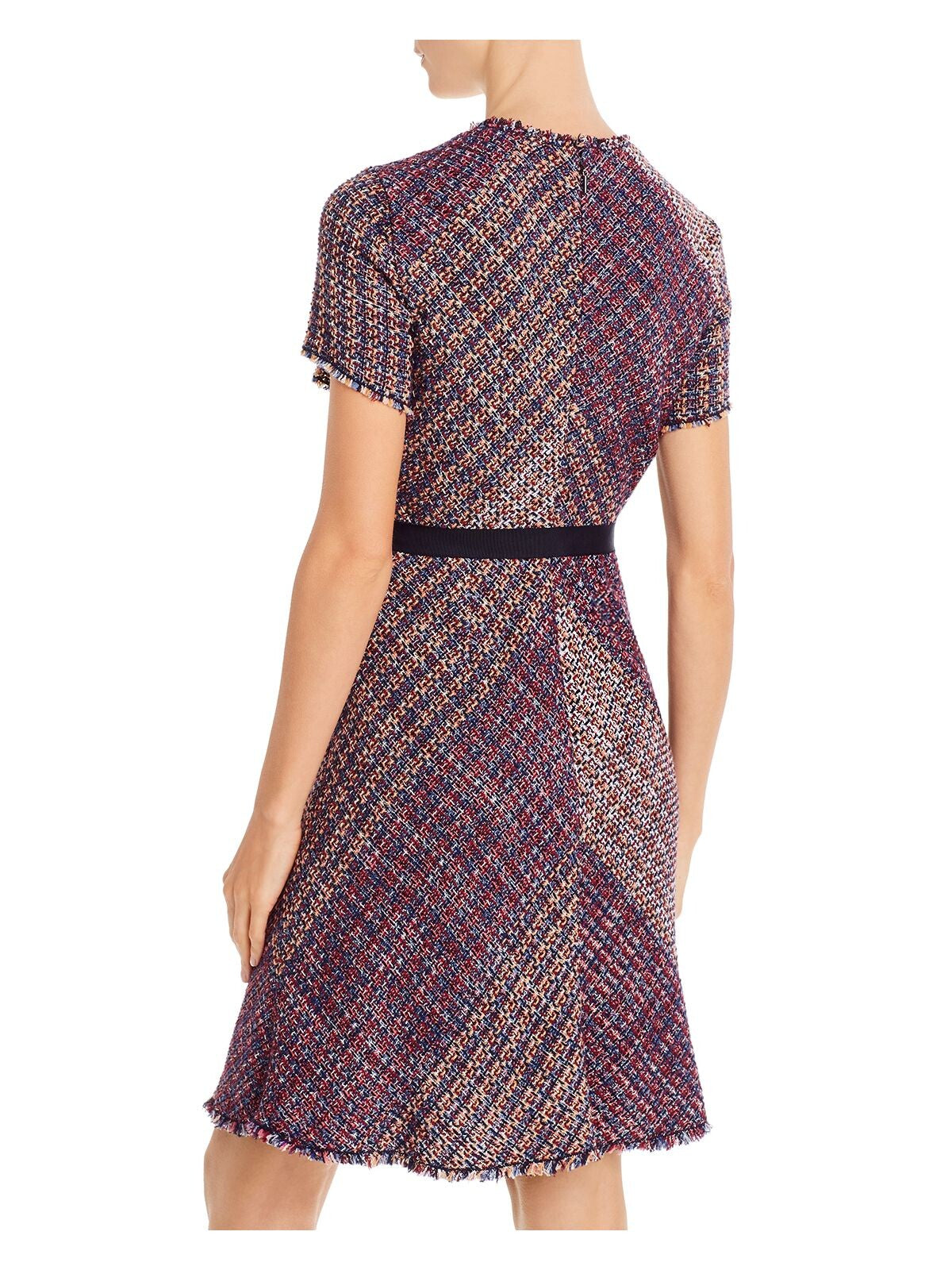 REBECCA TAYLOR Womens Navy Belted Speckle Short Sleeve Jewel Neck Above The Knee Cocktail Sheath Dress 4