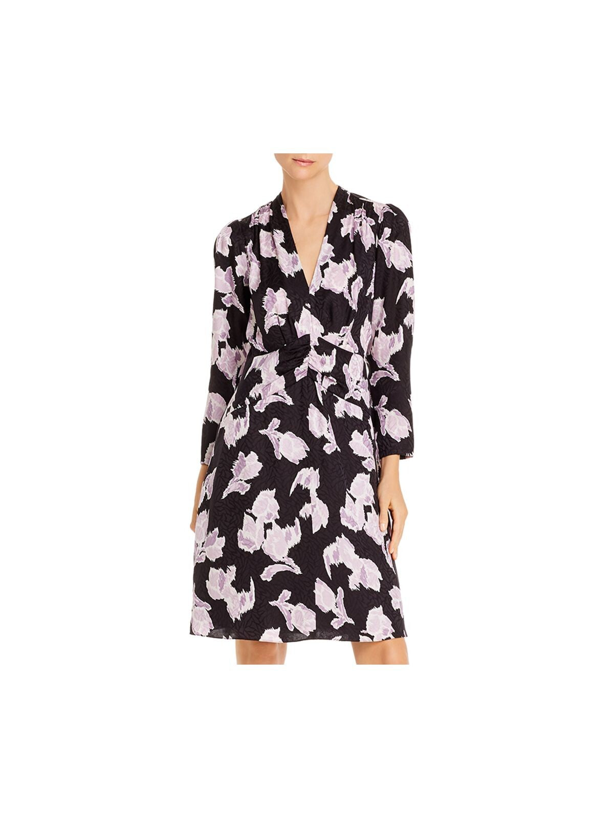 REBECCA TAYLOR Womens Black Floral 3/4 Sleeve V Neck Above The Knee Wear To Work Fit + Flare Dress 4