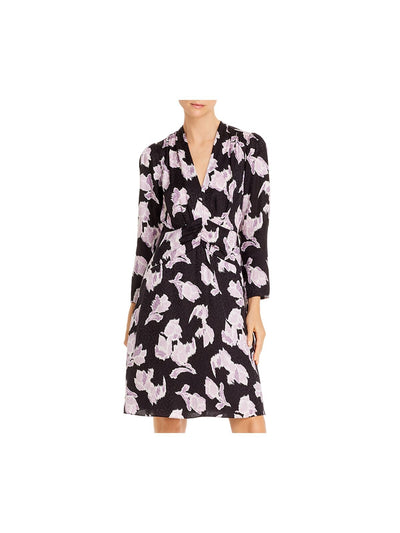 REBECCA TAYLOR Womens Black Floral 3/4 Sleeve V Neck Above The Knee Wear To Work Fit + Flare Dress 4