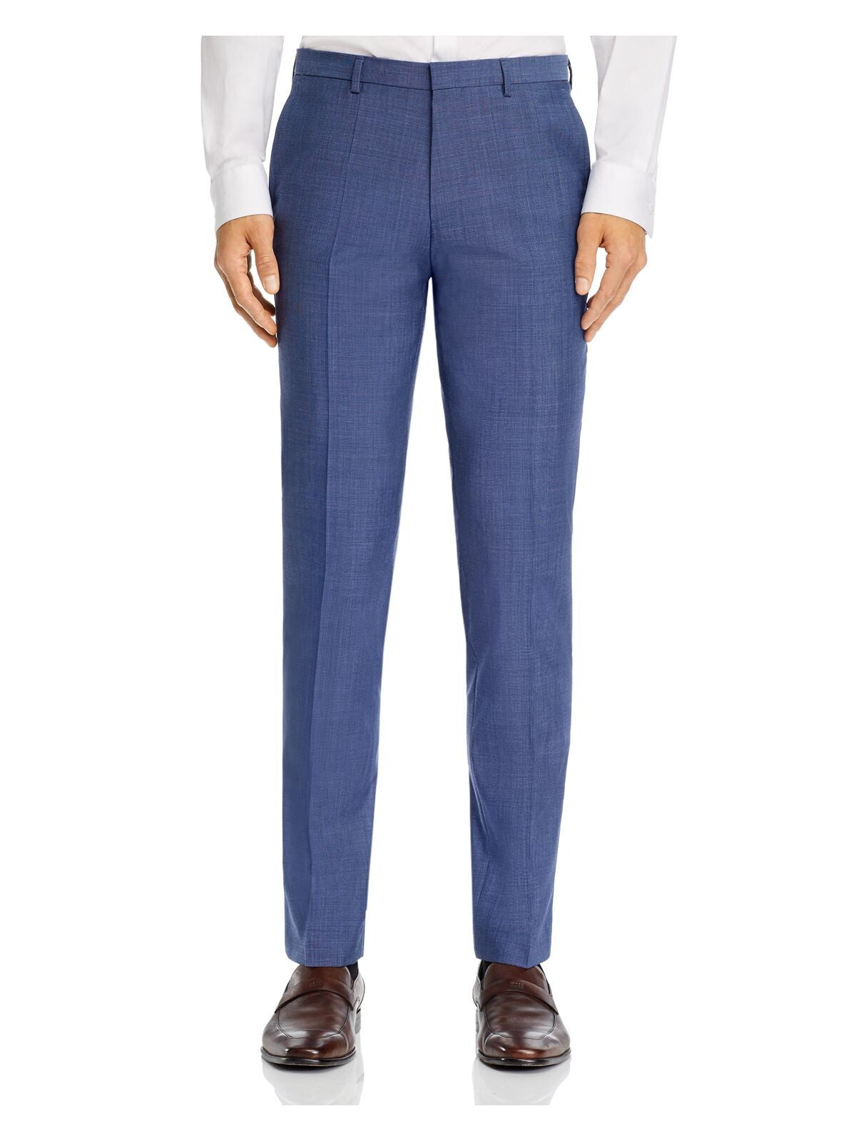 HUGO BOSS Mens Hets Blue Tapered, Plaid Extra Slim Fit Wool Blend Pants 32R