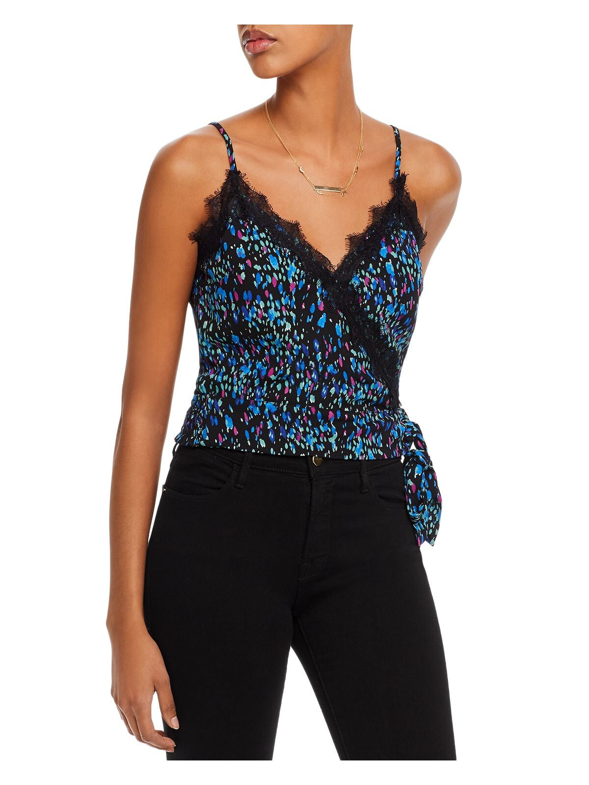 AQUA Womens Black Tie Patterned V Neck Crop Top XS