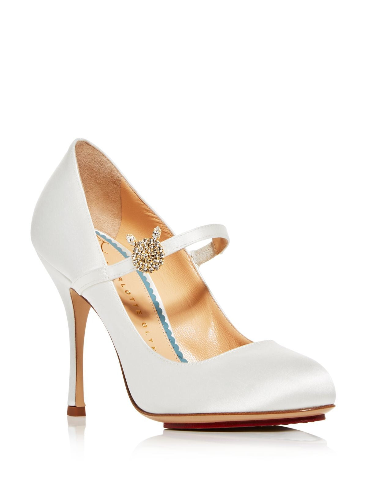 CHARLOTTE OLYMPIA Womens Open White Satin Logo Hardware Rhinestone Padded Fabri Round Toe Stiletto Slip On Dress Pumps Shoes 38