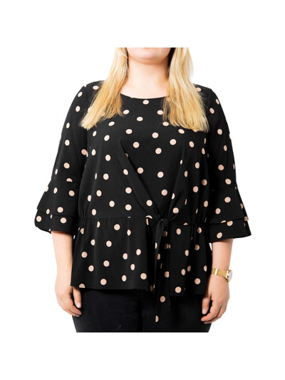 ESTELLE Womens Black Polka Dot Bell Sleeve Round Neck Wear To Work Peplum Top Plus 2X