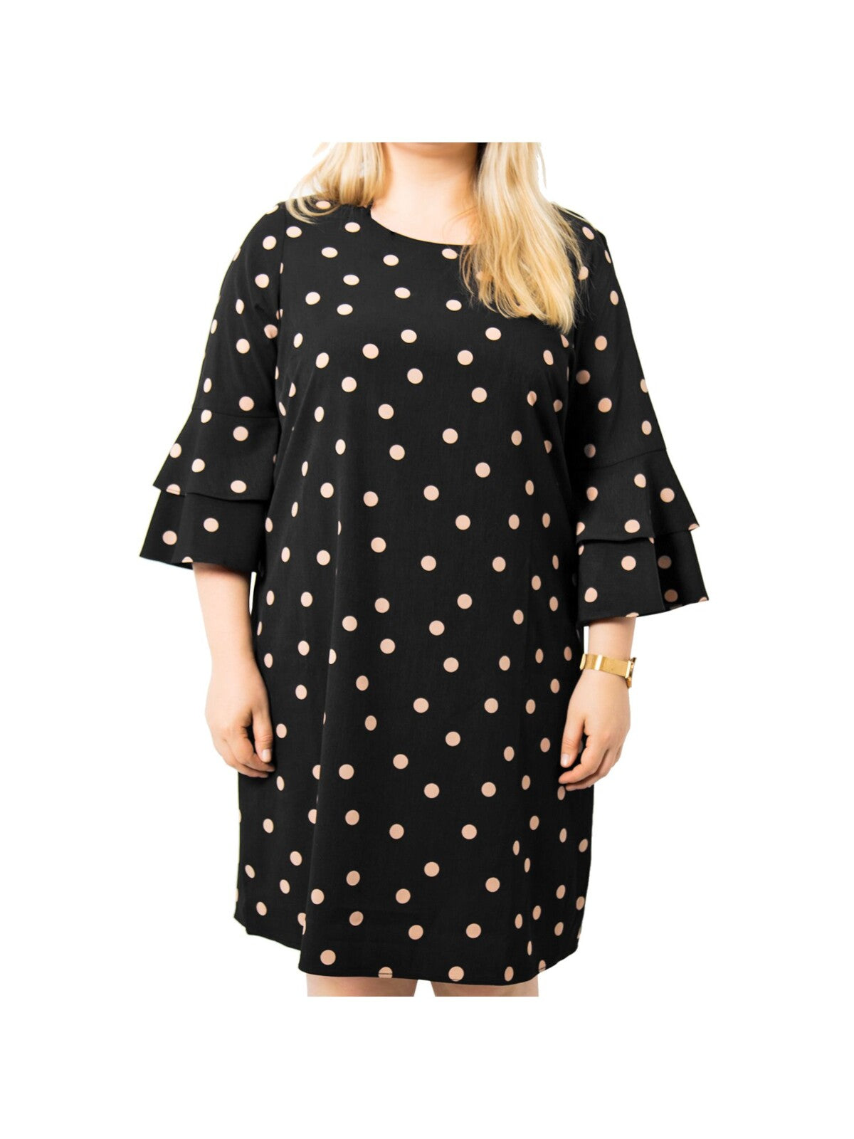 ESTELLE Womens Black Ruffled Keyhole Back Closure Polka Dot Bell Sleeve Crew Neck Knee Length Shift Dress 2X