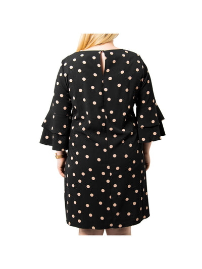 ESTELLE Womens Black Ruffled Keyhole Back Closure Polka Dot Bell Sleeve Crew Neck Knee Length Shift Dress Plus 1X