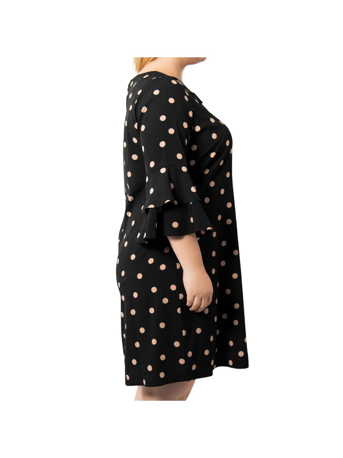 ESTELLE Womens Black Ruffled Keyhole Back Closure Polka Dot Bell Sleeve Crew Neck Knee Length Shift Dress 2X