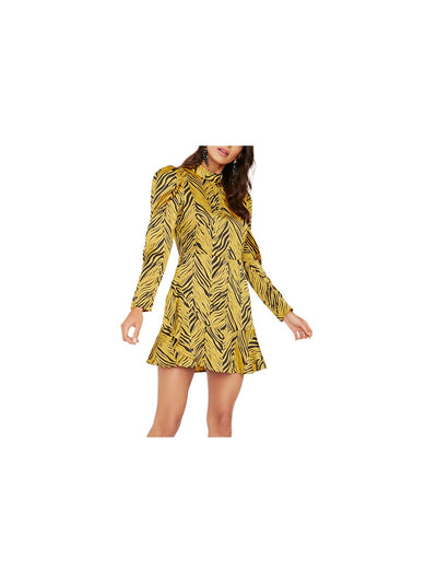 Rahi Womens Yellow Zebra Print Long Sleeve Turtle Neck Mini Party Fit + Flare Dress XS