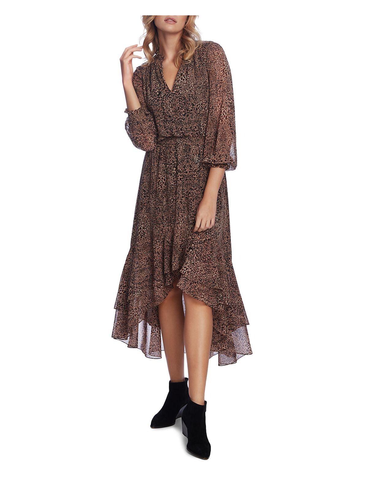 1. STATE Womens Brown Ruffled Smock Waist Animal Print 3/4 Sleeve V Neck Midi Evening Dress L