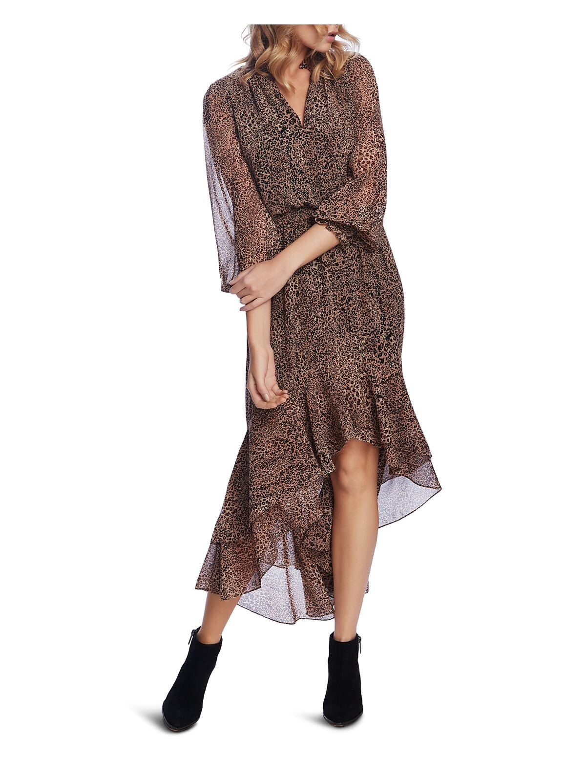 1. STATE Womens Brown Ruffled Smock Waist Animal Print 3/4 Sleeve V Neck Midi Evening Dress XS