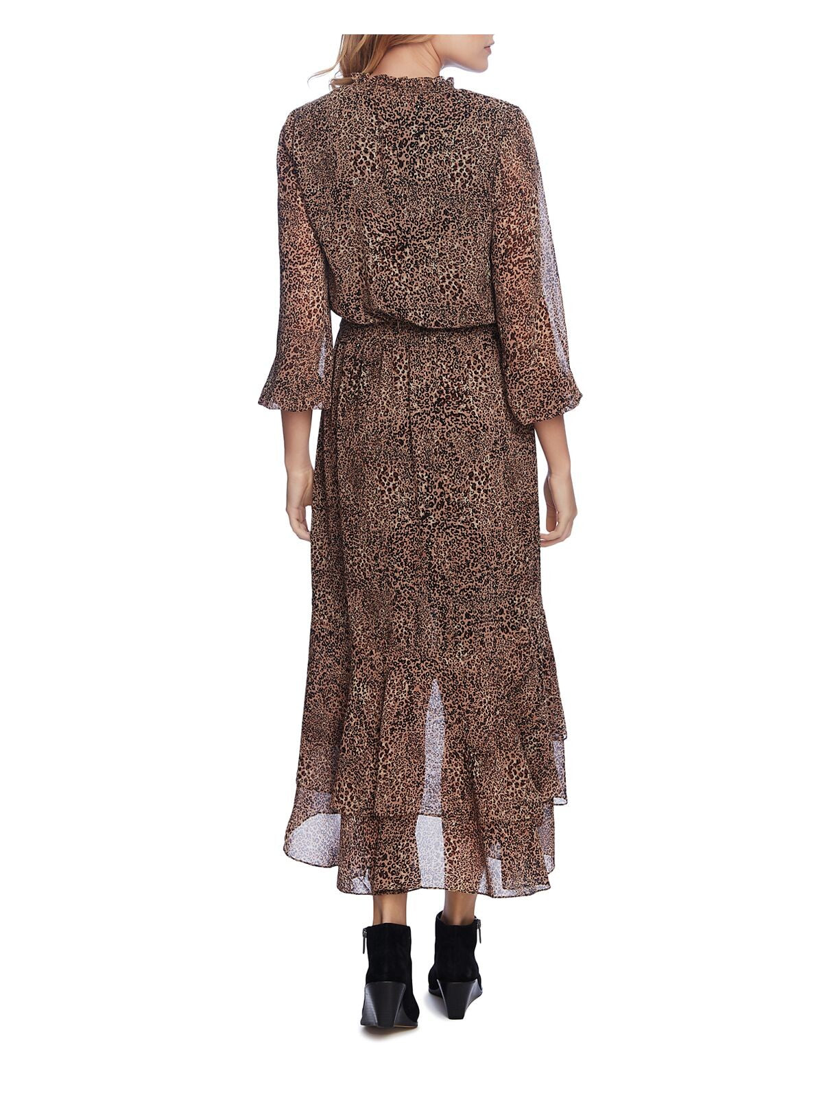 1. STATE Womens Brown Ruffled Smock Waist Animal Print 3/4 Sleeve V Neck Midi Evening Dress XS