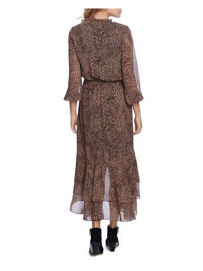 1. STATE Womens Brown Ruffled Smock Waist Animal Print 3/4 Sleeve V Neck Midi Evening Dress L