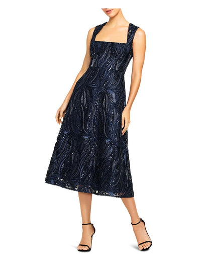 AIDAN MATTOX Womens Navy Embellished Zippered Soutache Embroidered Sleeveless Queen Anne Neckline Midi Evening Fit + Flare Dress 0