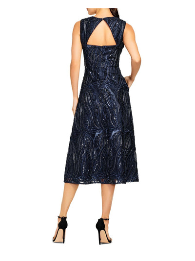 AIDAN MATTOX Womens Navy Embellished Zippered Soutache Embroidered Sleeveless Queen Anne Neckline Midi Evening Fit + Flare Dress 0