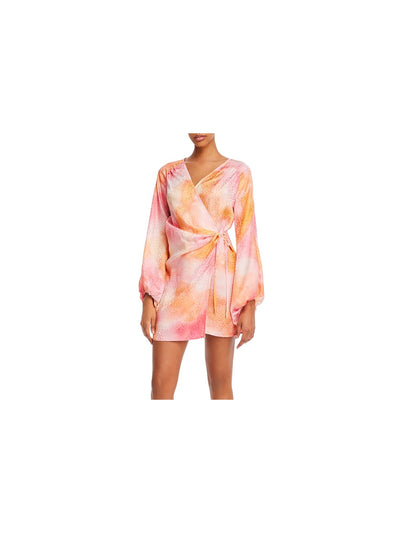 ART DEALER Womens Pink Pleated Darted Tie Long Sleeve Surplice Neckline Mini Evening Wrap Dress S