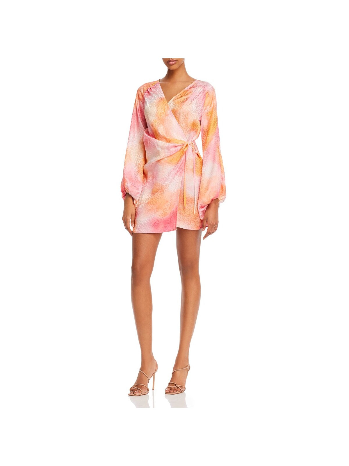 ART DEALER Womens Pink Pleated Darted Tie Long Sleeve Surplice Neckline Mini Evening Wrap Dress S