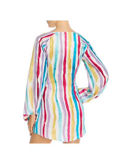 ART DEALER Womens Turquoise Tie Striped Long Sleeve Surplice Neckline Mini Cocktail Wrap Dress M