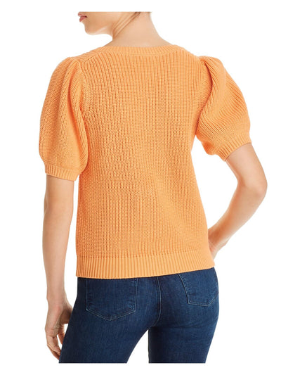 525 AMERICA Womens Orange Stretch Ribbed Pull Over Style Pouf Sleeve V Neck Blouse XS