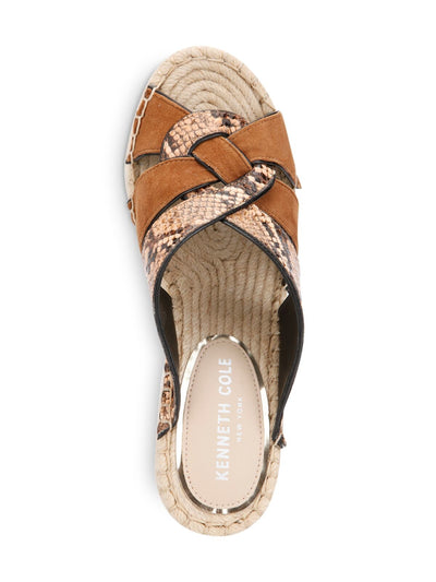 KENNETH COLE NEW YORK Womens Cocoa Beige Mixed Media Snakeskin Print Espadrille 1" Platform Padded Woven Olivia Open Toe Wedge Slip On Leather Heeled Mules Shoes M