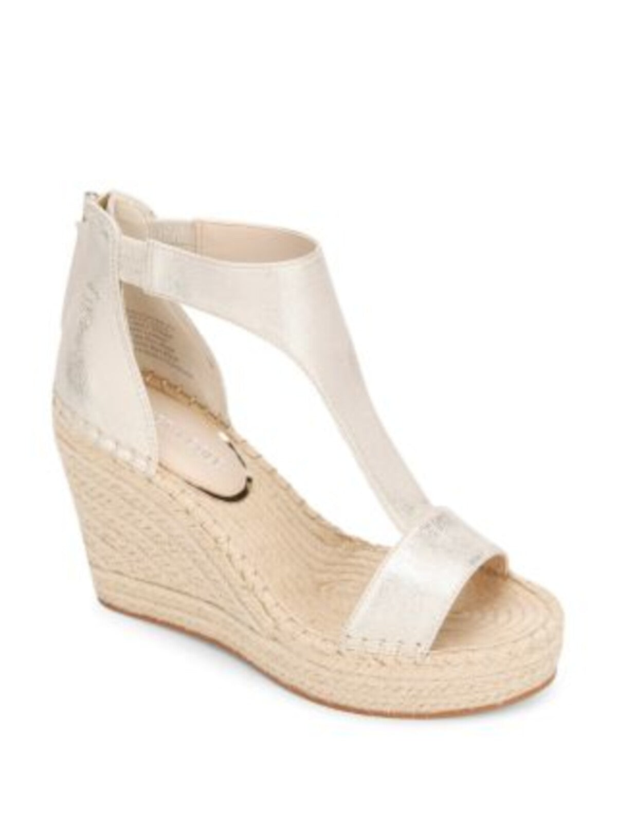 KENNETH COLE NEW YORK Womens Beige Padded T-Strap Metallic Olivia Almond Toe Wedge Zip-Up Leather Espadrille Shoes 7