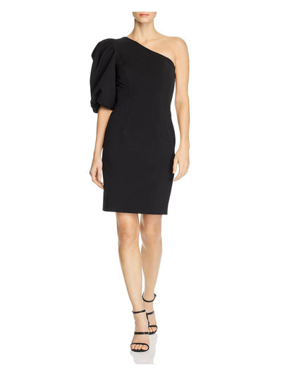 BLACK HALO Womens Black Zippered Lined Balloon Sleeve Asymmetrical Neckline Above The Knee Cocktail Sheath Dress 2